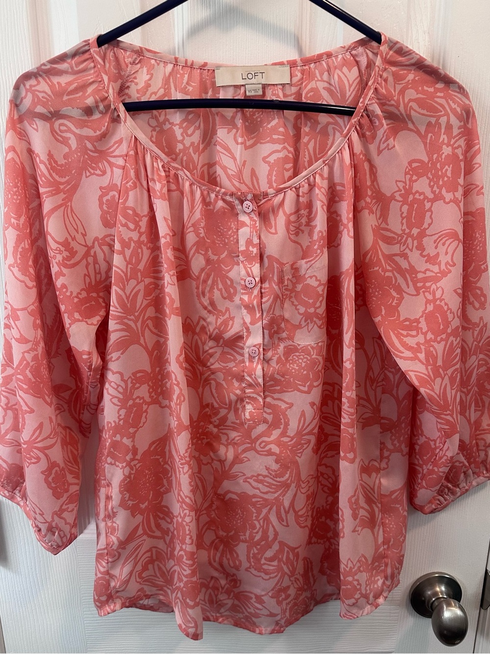 LOFT Coral-Pink Floral Henley Blouse